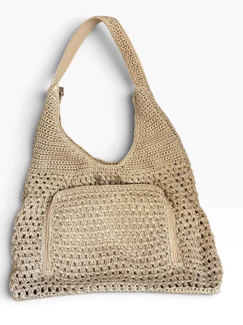 Beige Tan Crochet Knit Woven Hobo Bag Unique Boho Hippie Purse with Front Pocket